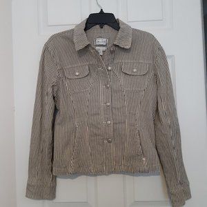 Live a Little Khaki Beige and Navy Pinstripe Stretch Jean Jacket with Pockets
